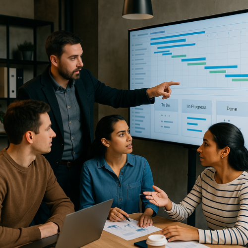 Teknewlogy IT project management team collaborating on technology implementation timeline